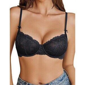 Avidlove Women’s Black Lace Sheer Underwire Balconette Bra Unlined Large NWT